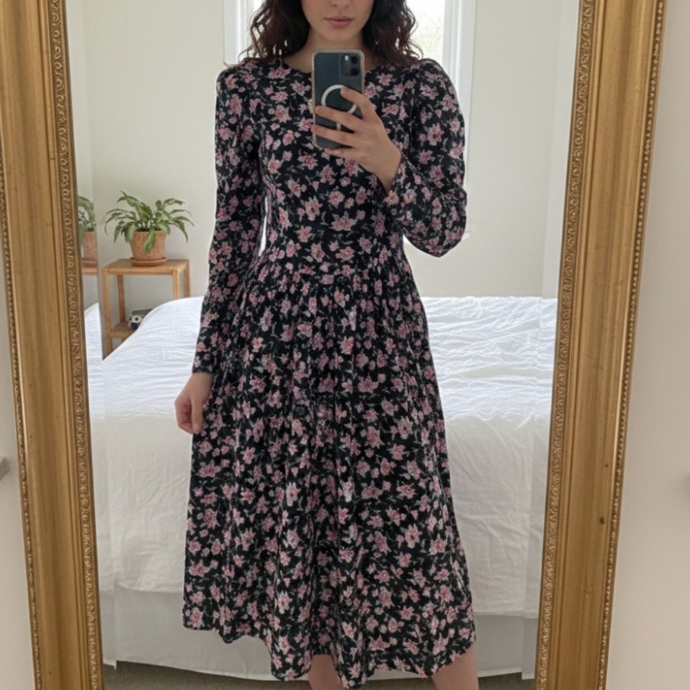 Vintage 80s 90s Laura Ashley Floral Print Cotton Long Sleeve Dress 10